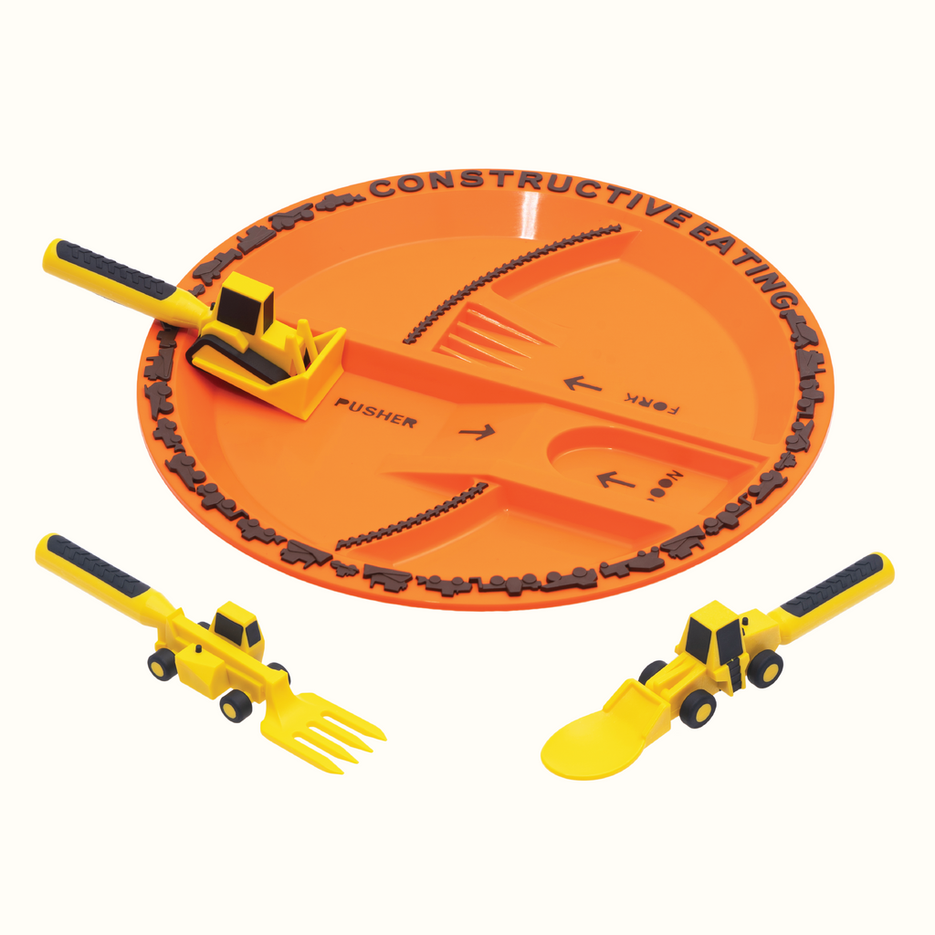 Image of the Construction Utensils and Plate. The yellow utensils include a bull dozer pusher, a fork lift fork, and a front loader spoon. The plate is orange. The pusher utensil is in its designated spot on the plate. The fork and spoon are angled in front of the plate.