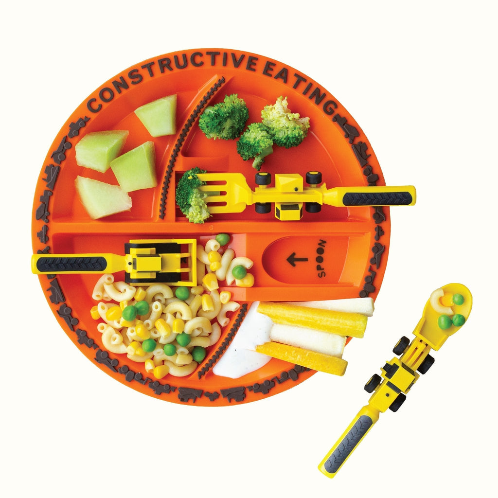 Image of the Construction Utensils and Plate. The yellow utensils include a bull dozer pusher, fork lift fork, and front loader spoon. The plate is orange and is plated with melon, broccoli, carrots and ranch, and pasta with noodles, peas, and corn.