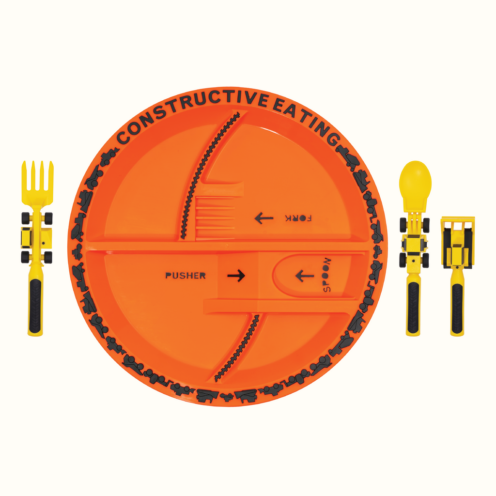 Image of the Construction Utensils and Plate. The yellow utensils include a bull dozer pusher, a fork lift fork, and a front loader spoon. The plate is orange. The utensils are located next to the plate.