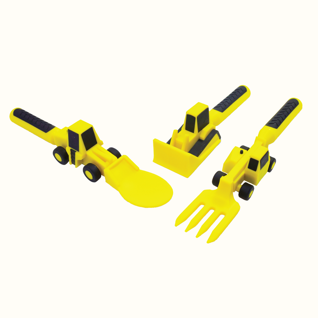 Image of the Construction Utensils at an angle. The yellow utensils include a bull dozer pusher, a fork lift fork, and a front loader spoon.