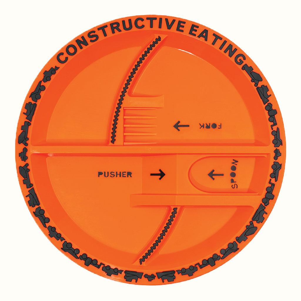 Image of the Construction Plate. The plate is orange with patented features to work with the construction utensils. There are construction vehicle details surrounding the rim of the plate.