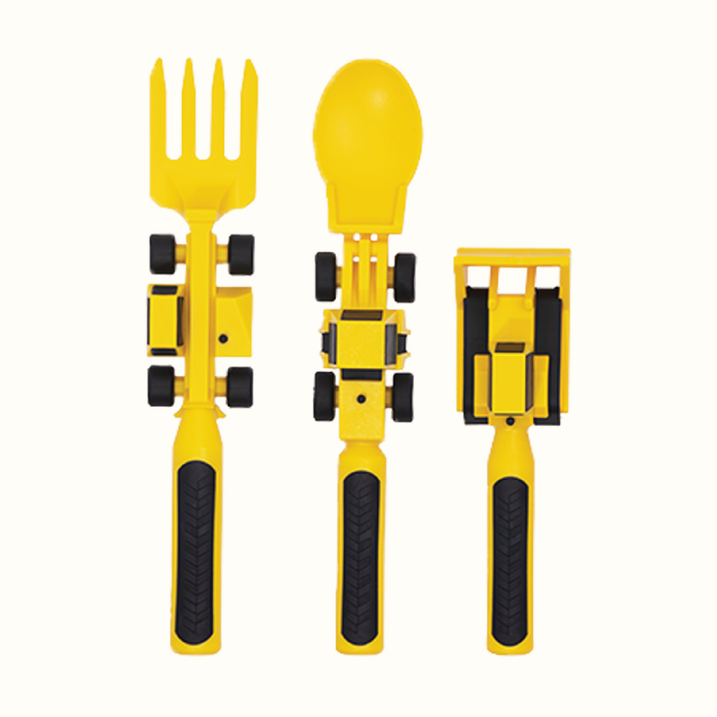 Image of the Construction Utensils in a vertical position. The yellow utensils include a bull dozer pusher, a fork lift fork, and a front loader spoon.