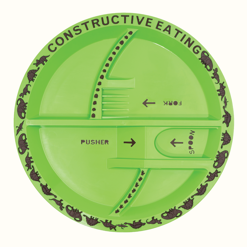 Image of the Dino Plate. The plate is green with patented features to work with the dino utensils. There are details of different dinosaurs surrounding the rim of the plate.