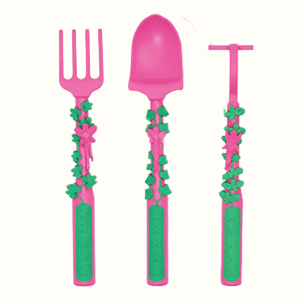 Image of the Garden Fairy Utensils in a vertical position. The pink utensils include a garden hoe pusher, a garden rake fork, and a garden shovel spoon.